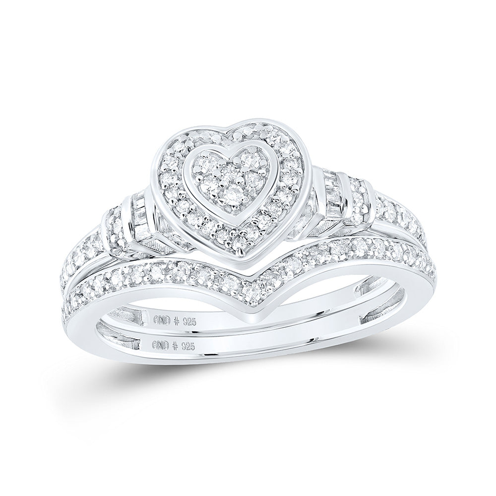 Sterling Silver Round Diamond Heart Bridal Wedding Ring Band Set 1/3 Cttw