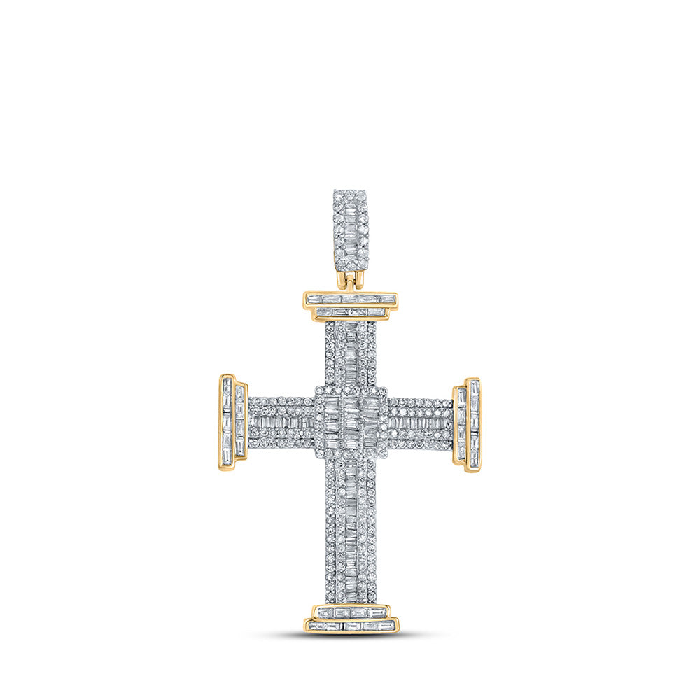 10kt Yellow Gold Mens Baguette Diamond Cross Charm Pendant 1-7/8 Cttw