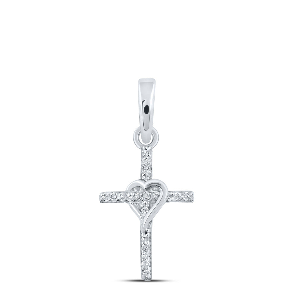 10kt White Gold Womens Round Diamond Heart Cross Pendant 1/20 Cttw