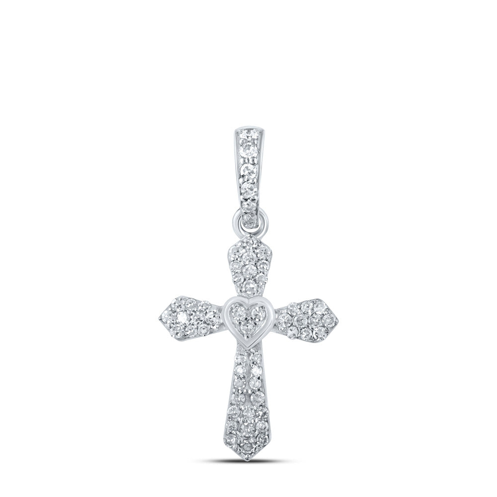 10kt White Gold Womens Round Diamond Heart Cross Pendant 1/6 Cttw