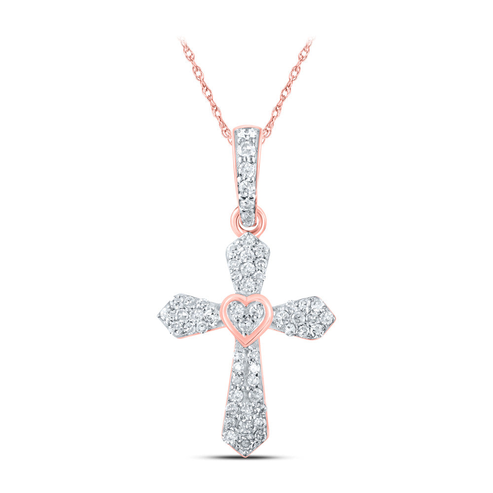 10kt Rose Gold Womens Round Diamond Cross Pendant 1/6 Cttw