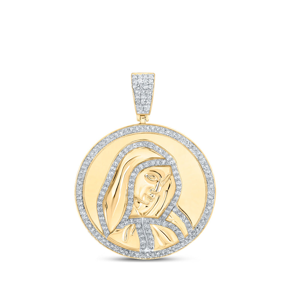 10kt Yellow Gold Mens Round Diamond Mother Mary Circle Charm Pendant 1 Cttw