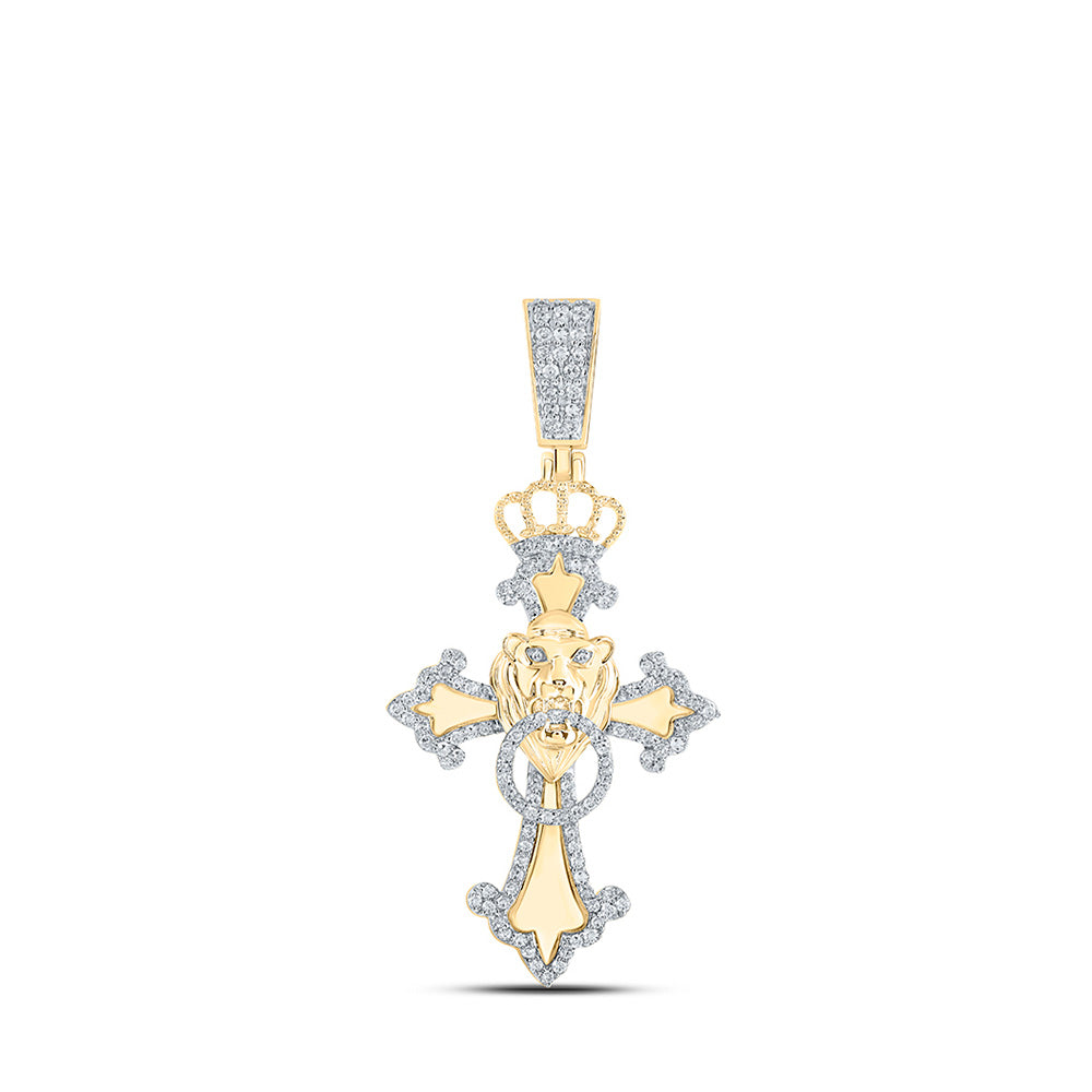 10kt Yellow Gold Mens Round Diamond Lion Cross Charm Pendant 5/8 Cttw