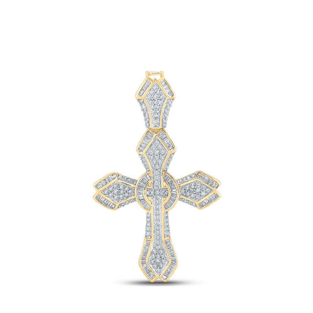 14kt Yellow Gold Mens Baguette Diamond Cross Charm Pendant 1-5/8 Cttw