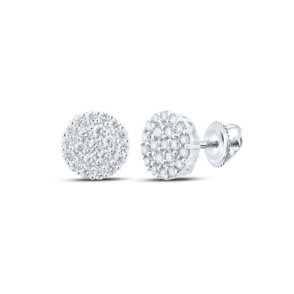 14kt White Gold Mens Round Diamond Cluster Earrings 1-1/4 Cttw