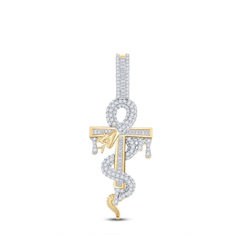 14kt Yellow Gold Mens Baguette Diamond Ankh Cross Snake Charm Pendant 1-1/5 Cttw