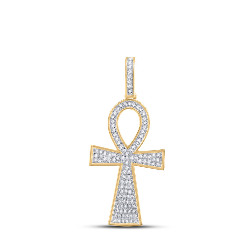 14kt Yellow Gold Mens Round Diamond Ankh Cross Charm Pendant 1/3 Cttw