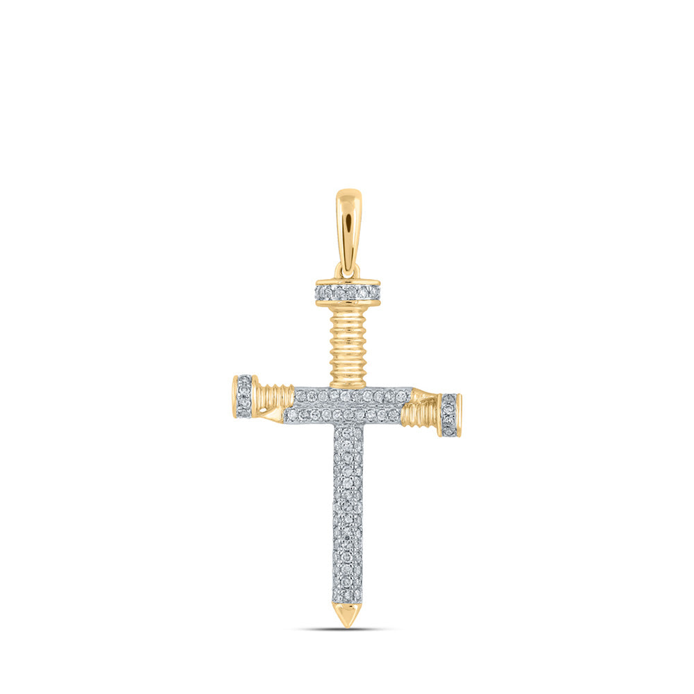 14kt Yellow Gold Mens Round Diamond Nail Cross Charm Pendant 1/3 Cttw