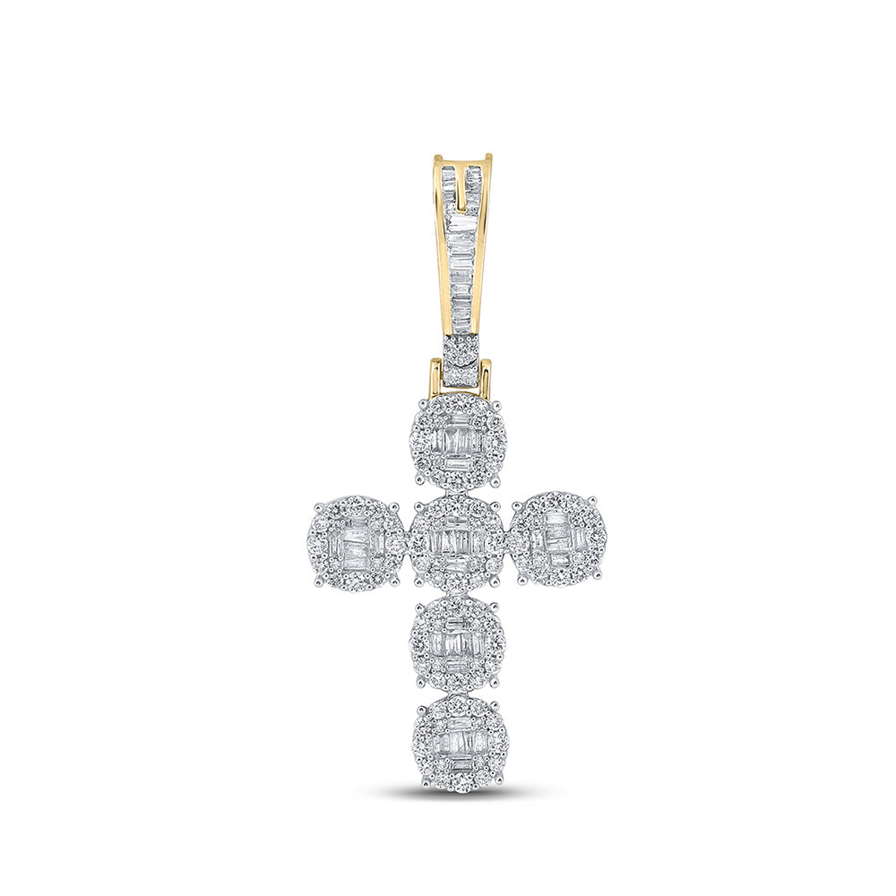 14kt Yellow Gold Mens Baguette Diamond Cross Charm Pendant 1-3/4 Cttw