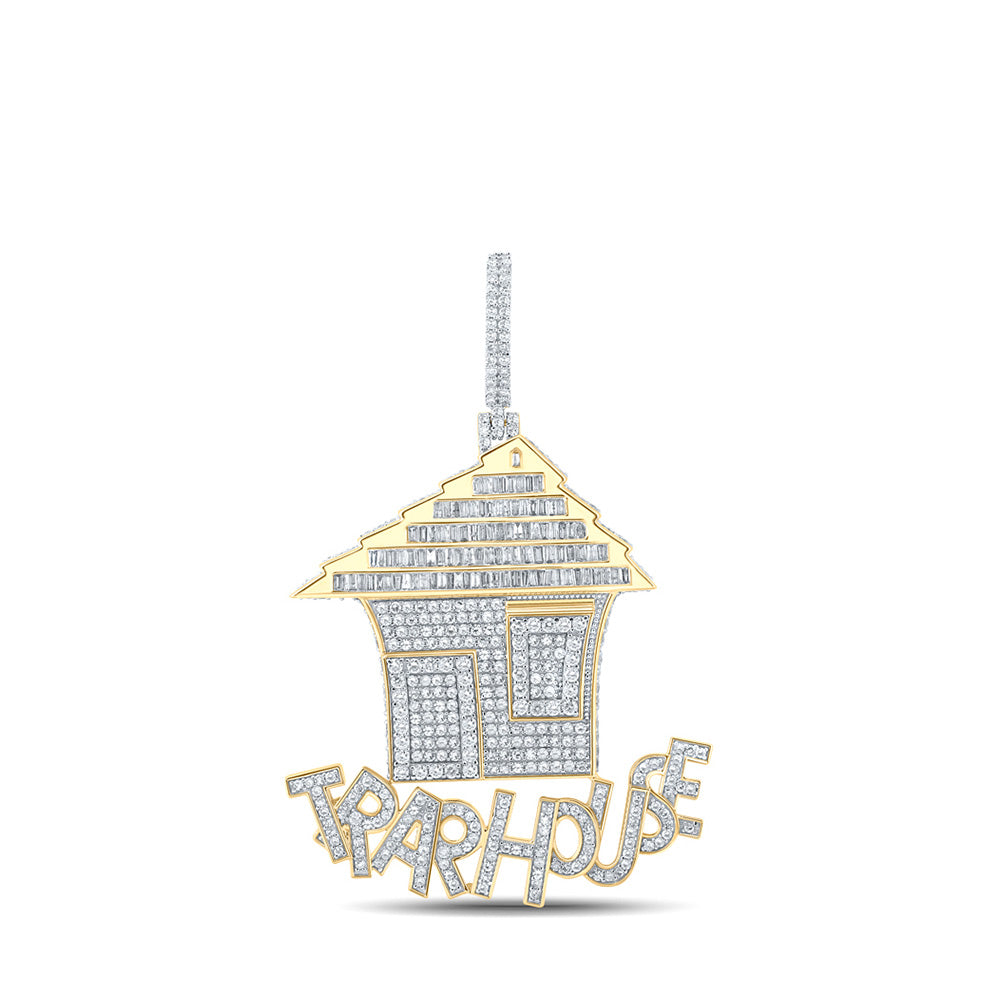 14kt Yellow Gold Mens Baguette Diamond TRAP HOUSE Charm Pendant 4-3/8 Cttw