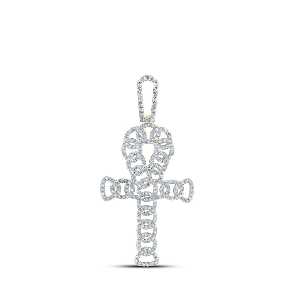 14kt Yellow Gold Mens Round Diamond Ankh Charm Pendant 7/8 Cttw