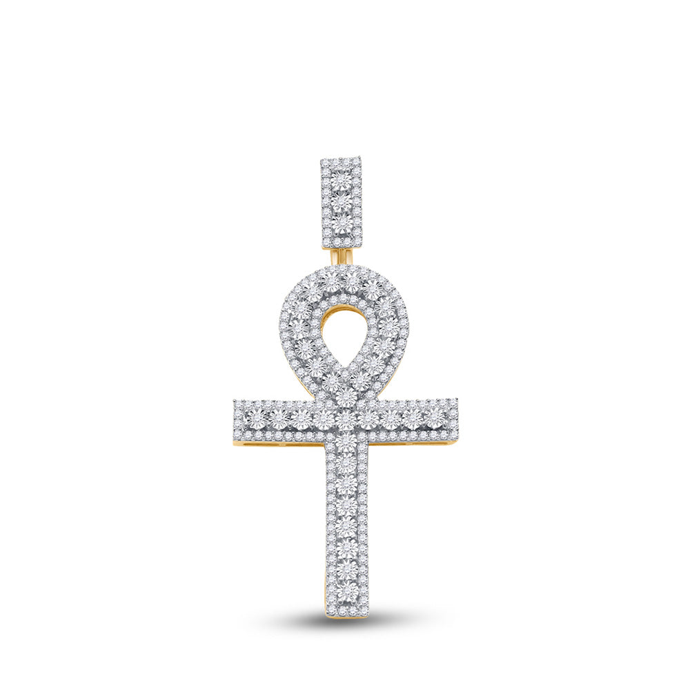 14kt Yellow Gold Mens Round Diamond Ankh Cross Charm Pendant 1 Cttw