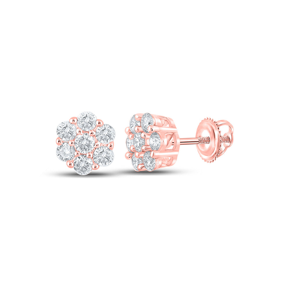 14kt Rose Gold Mens Round Diamond Flower Cluster Earrings 1/2 Cttw