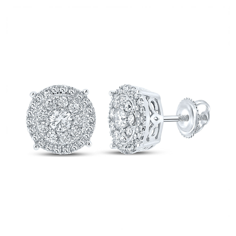 14kt White Gold Mens Round Diamond Cluster Earrings 5/8 Cttw