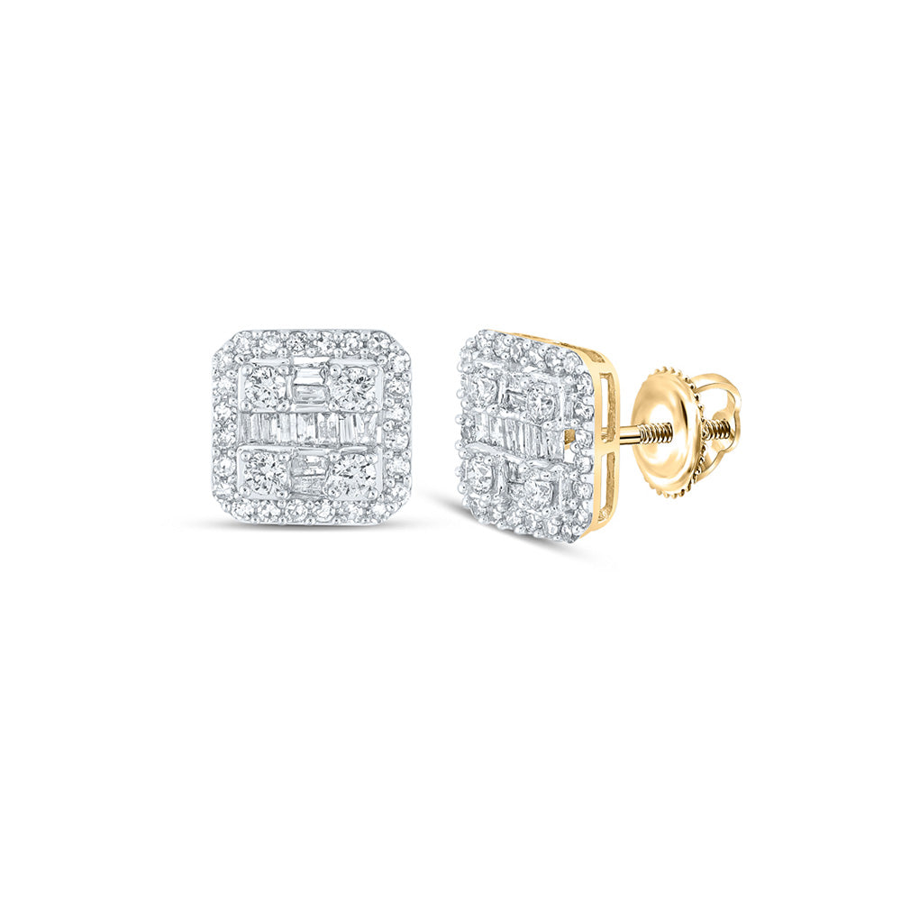 14kt Yellow Gold Mens Baguette Diamond Square Earrings 3/4 Cttw