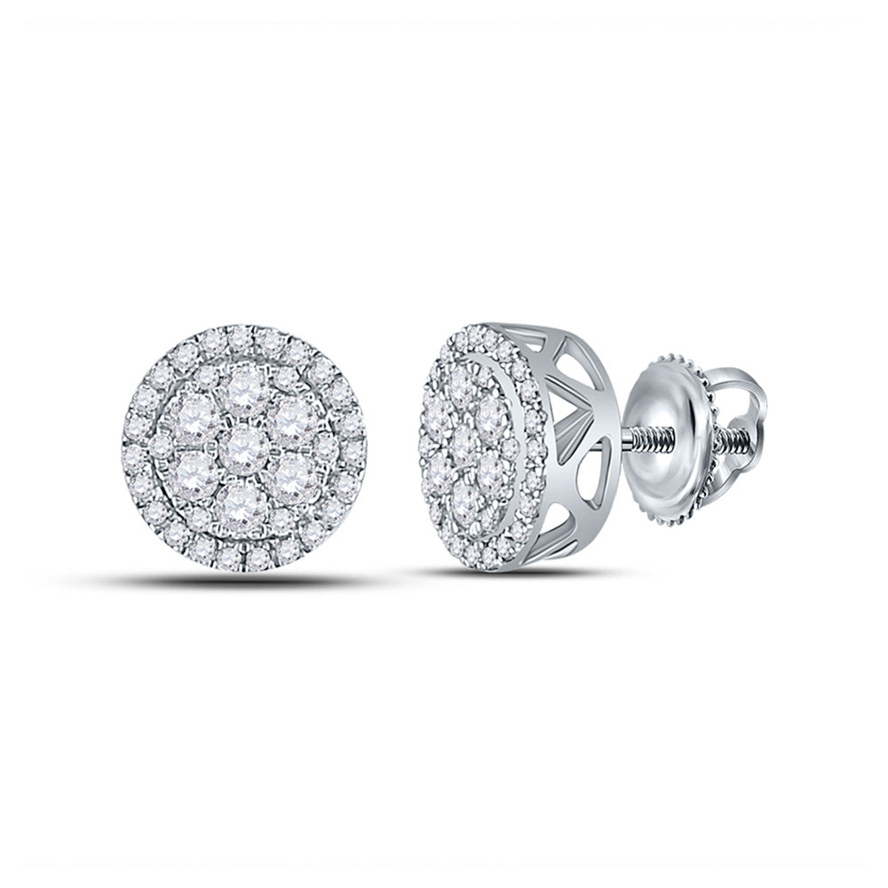 14kt White Gold Mens Round Diamond Cluster Earrings 1/2 Cttw