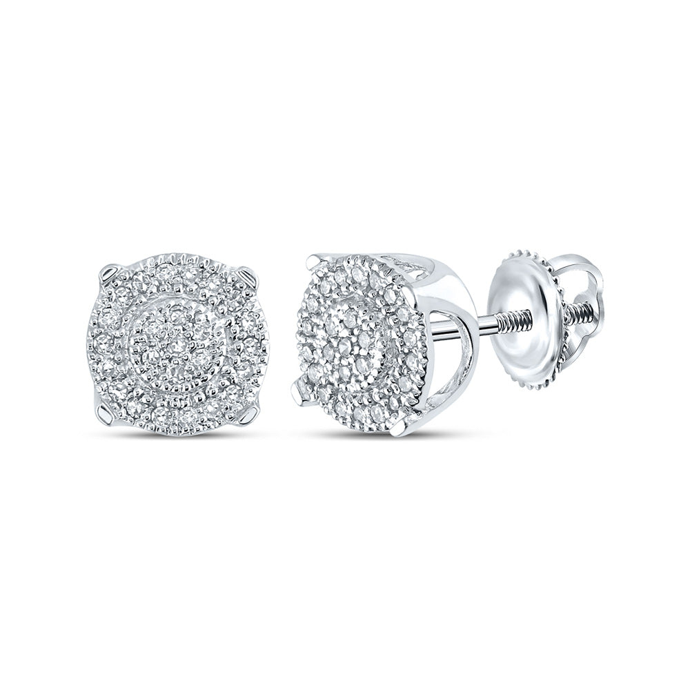 14kt White Gold Mens Round Diamond Cluster Earrings 1/8 Cttw