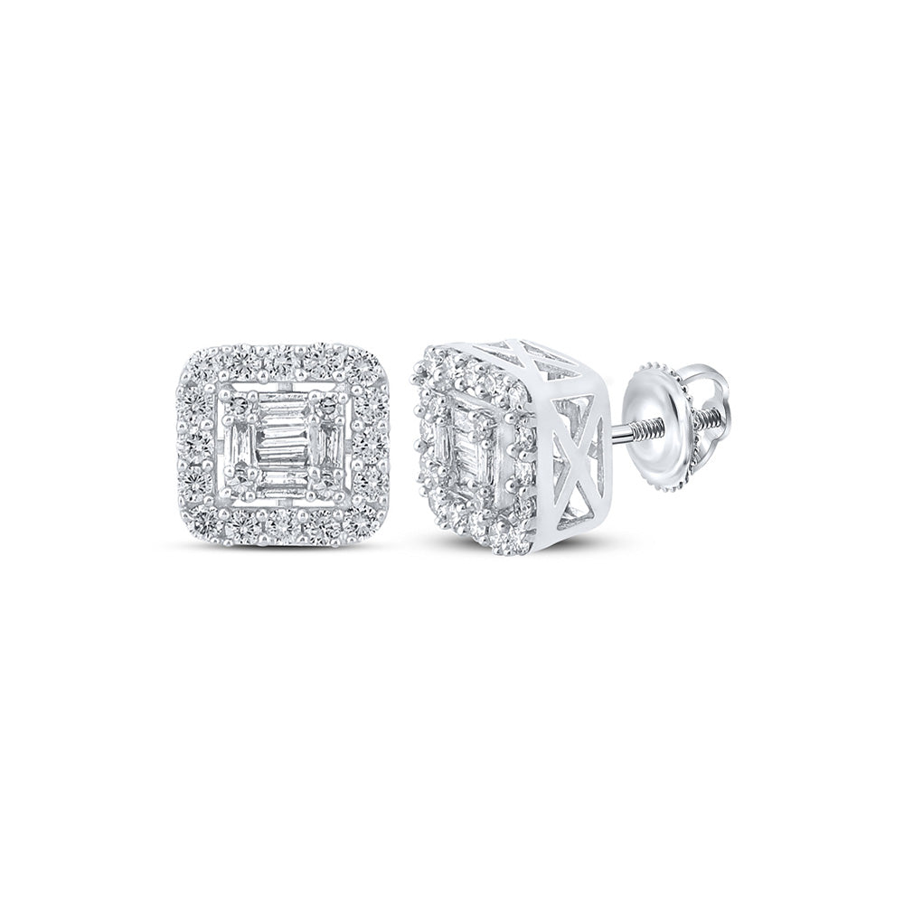 14kt White Gold Mens Baguette Diamond Square Earrings 5/8 Cttw