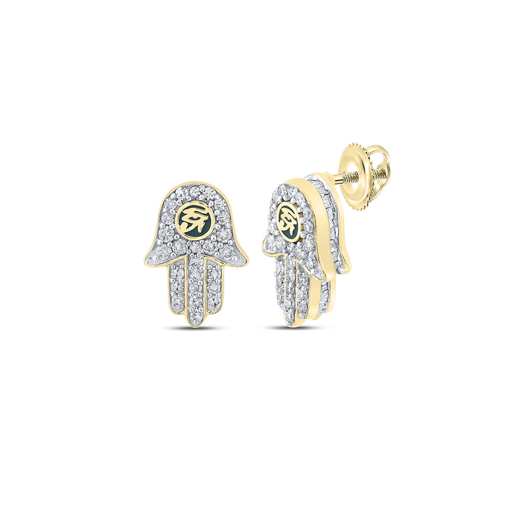 14kt Yellow Gold Mens Round Diamond Hamsa Earrings 5/8 Cttw