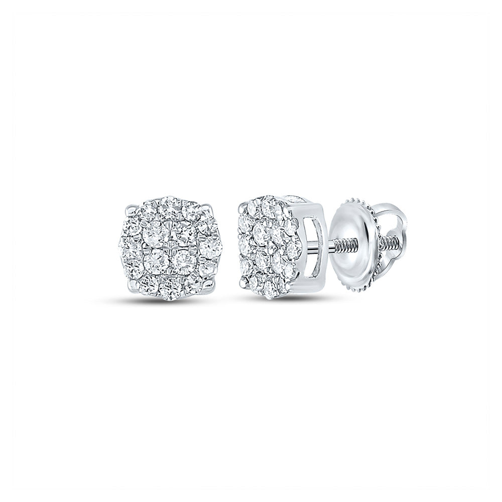 14kt White Gold Mens Round Diamond Cluster Earrings 1/4 Cttw