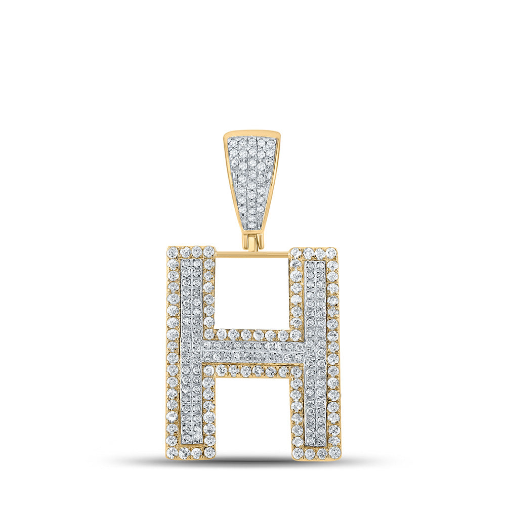 14kt Two-tone Gold Mens Round Diamond H Initial Letter Charm Pendant 7/8 Cttw