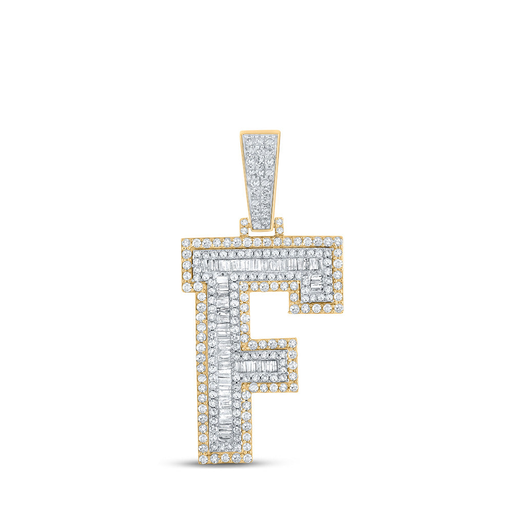 14kt Two-tone Gold Mens Baguette Diamond F Initial Letter Charm Pendant 1-1/2 Cttw