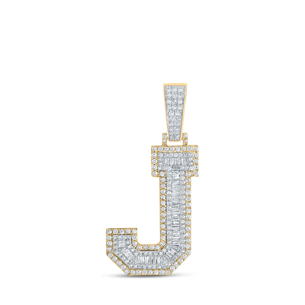 14kt Two-tone Gold Mens Baguette Diamond J Initial Letter Charm Pendant 1-3/8 Cttw