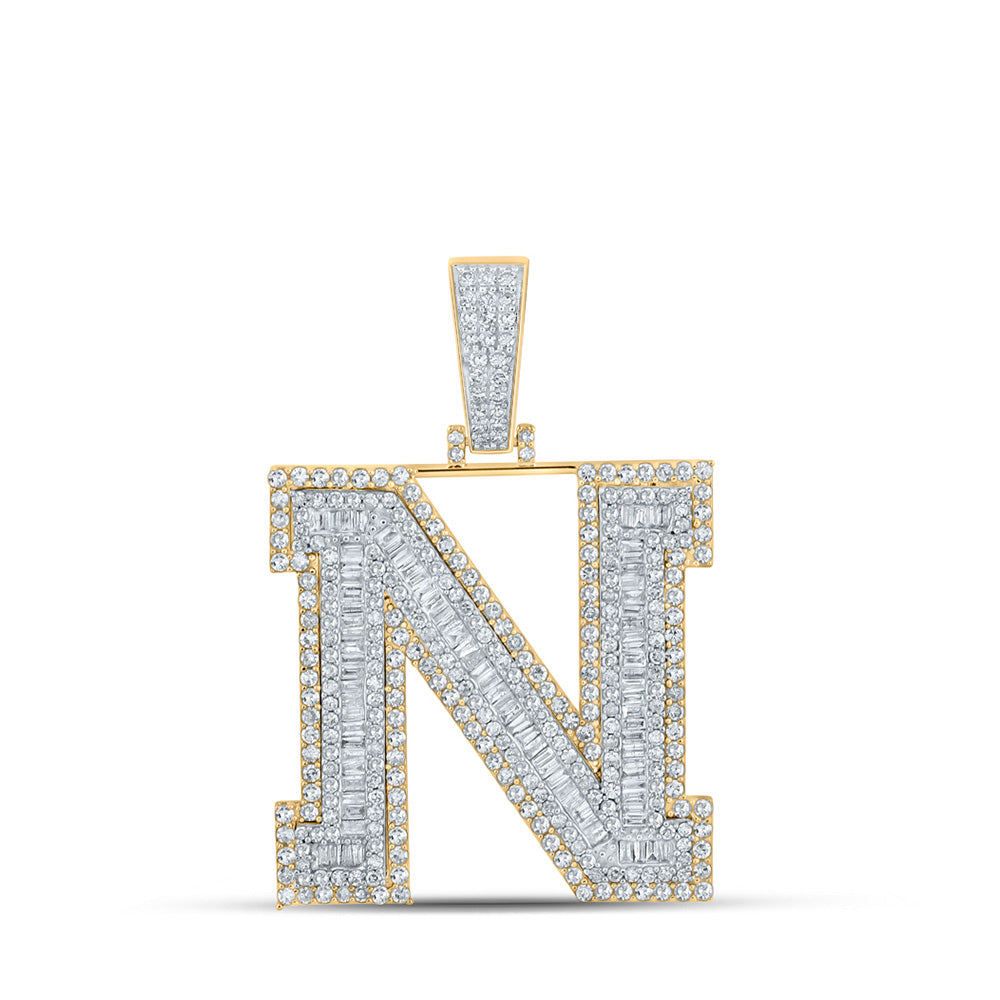 14kt Two-tone Gold Mens Baguette Diamond N Initial Letter Charm Pendant 2-5/8 Cttw