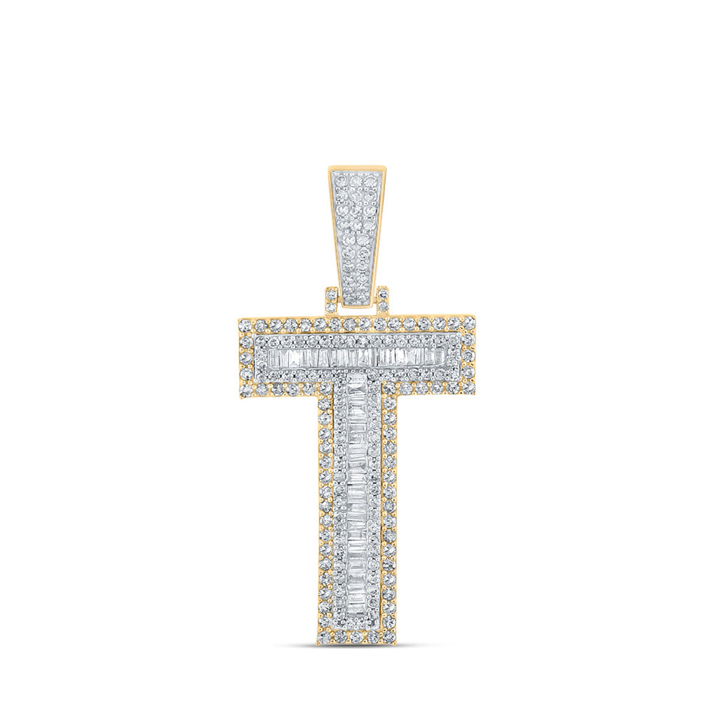 14kt Two-tone Gold Mens Baguette Diamond T Initial Letter Charm Pendant 1-3/8 Cttw