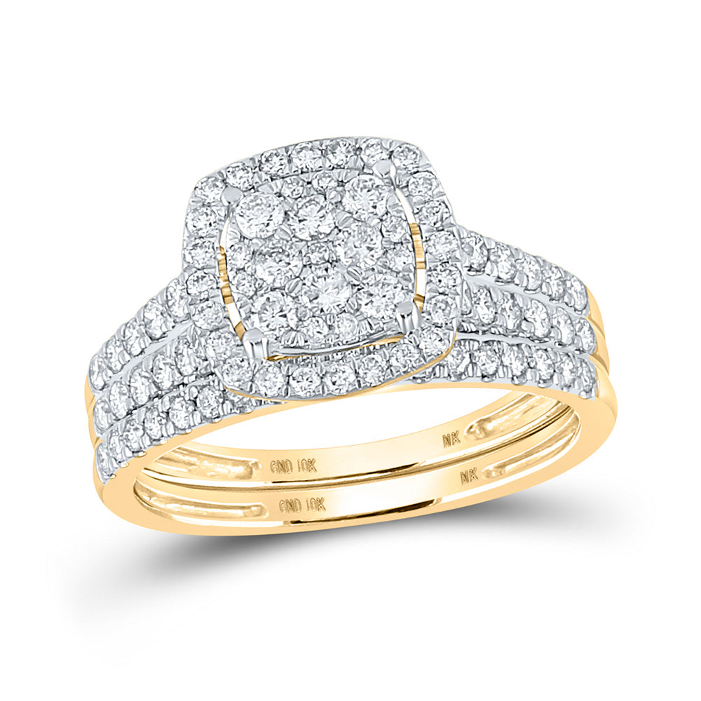 10kt Yellow Gold Round Diamond Halo Bridal Wedding Ring Band Set 1 Cttw