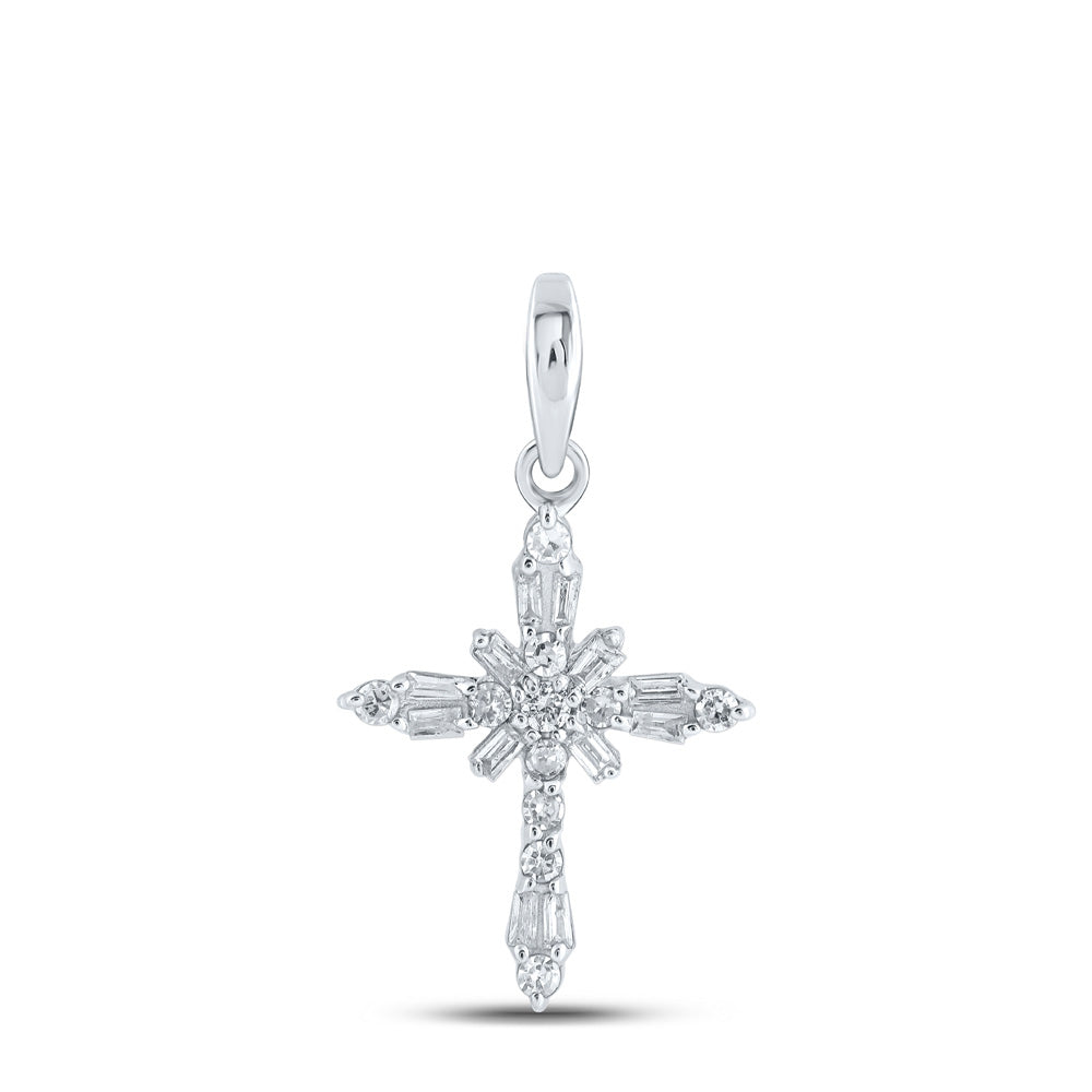 10kt White Gold Womens Baguette Diamond Cross Pendant 1/6 Cttw