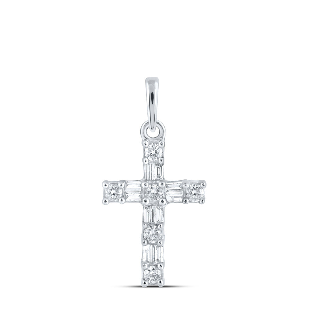 10kt White Gold Womens Baguette Diamond Cross Pendant 1/6 Cttw