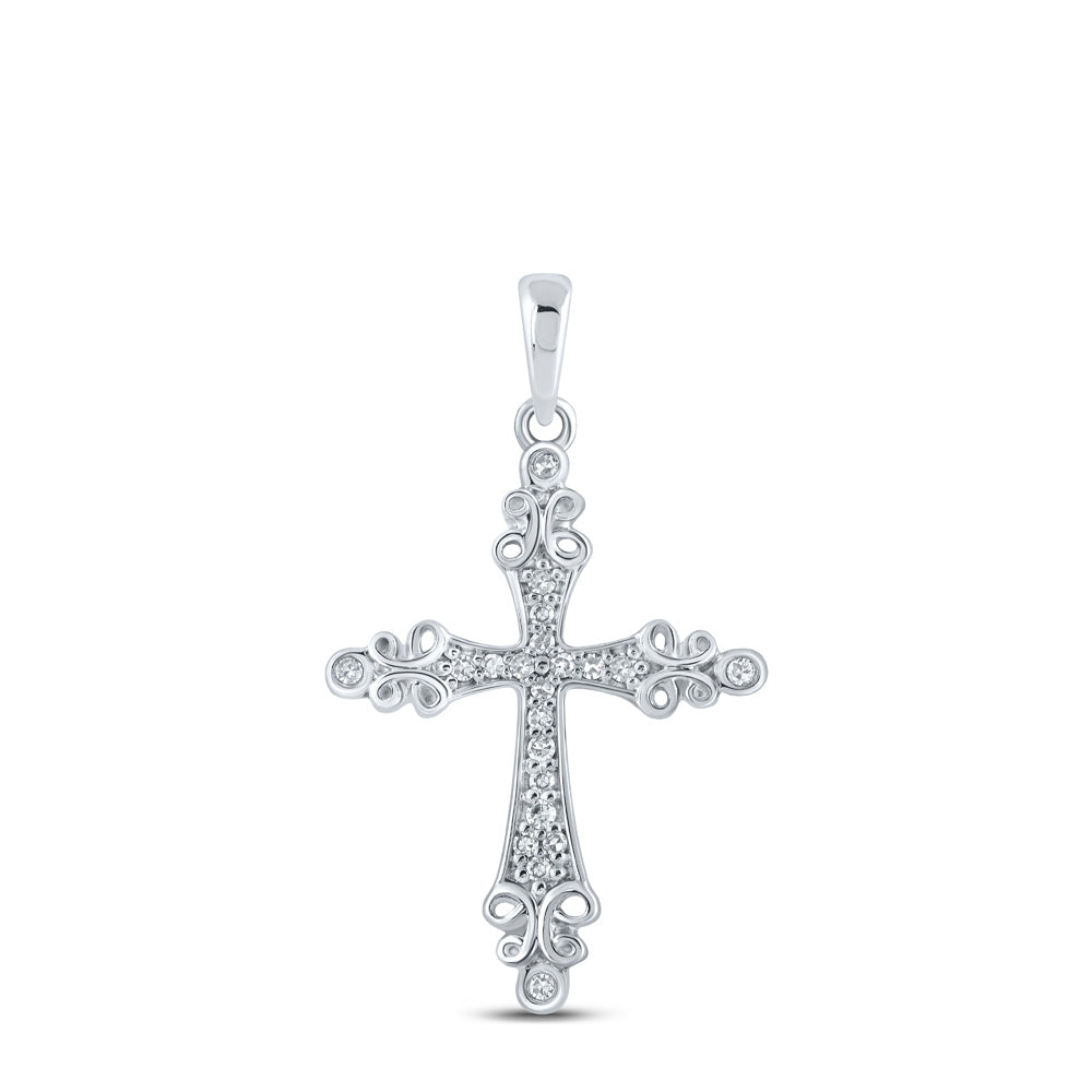 10kt White Gold Womens Round Diamond Cross Pendant 1/10 Cttw