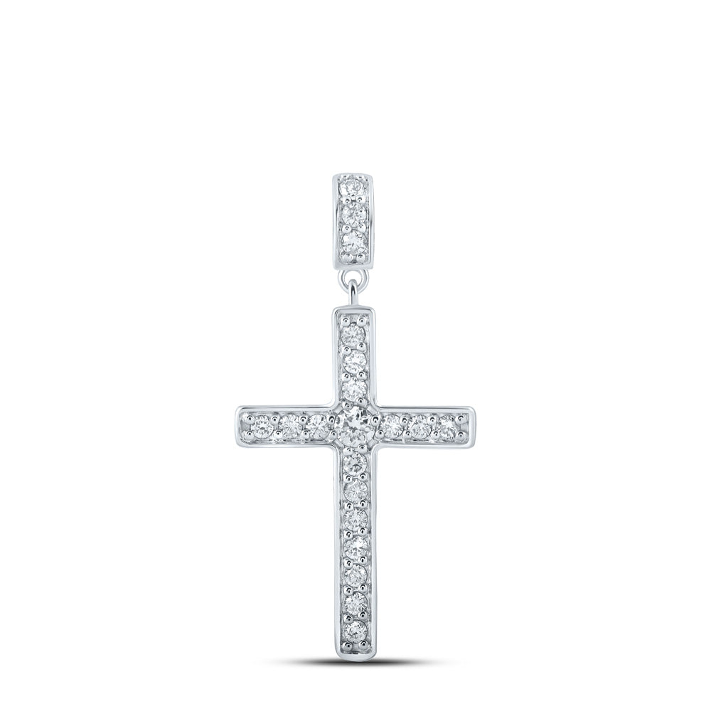 10kt White Gold Womens Round Diamond Cross Pendant 1/2 Cttw