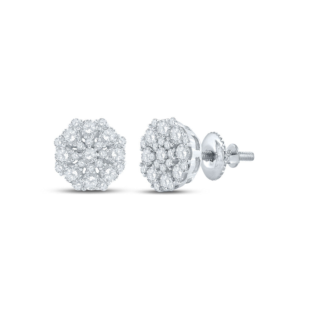 10kt White Gold Womens Round Diamond Octagon Cluster Earrings 7/8 Cttw