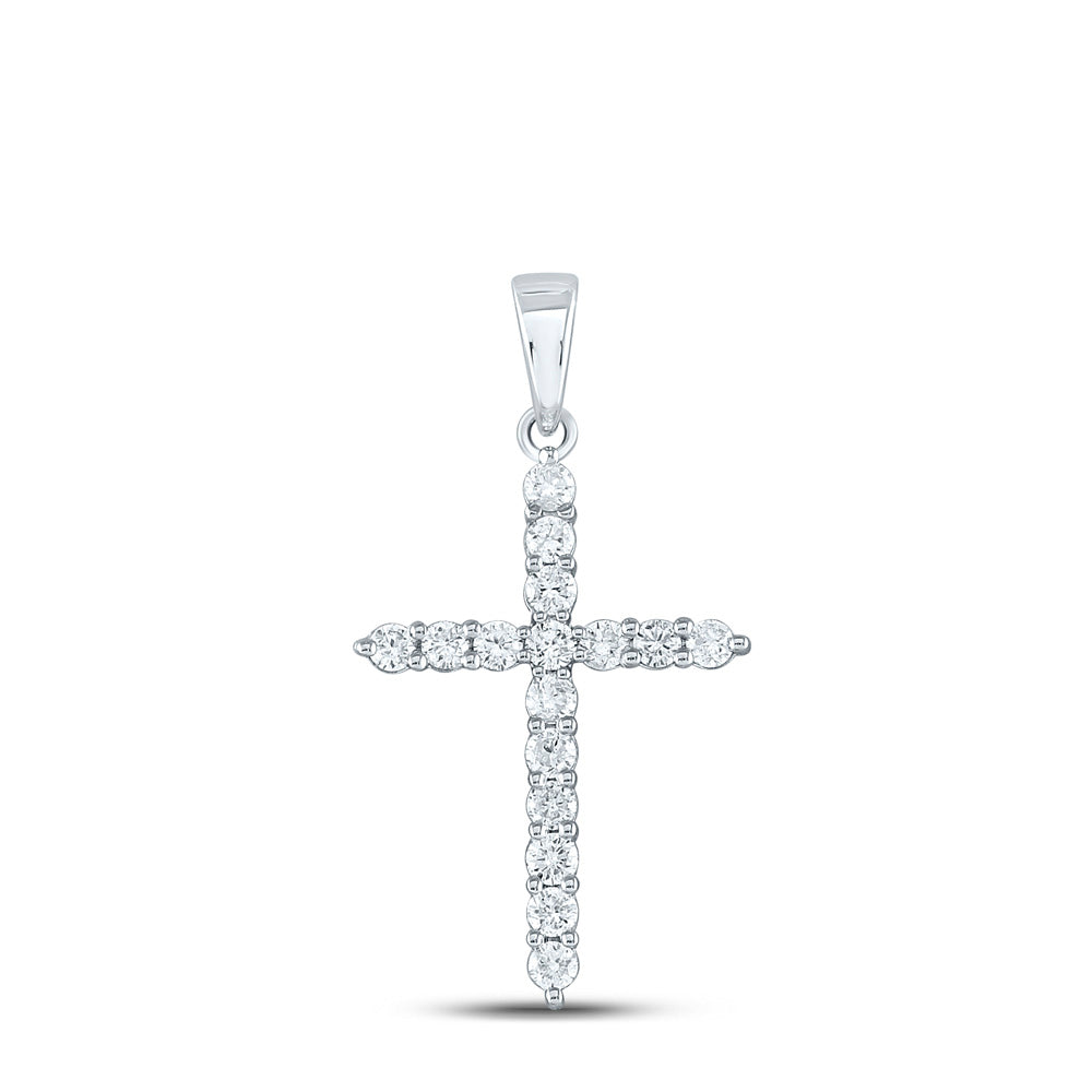 10kt White Gold Womens Round Diamond Cross Pendant 1/2 Cttw