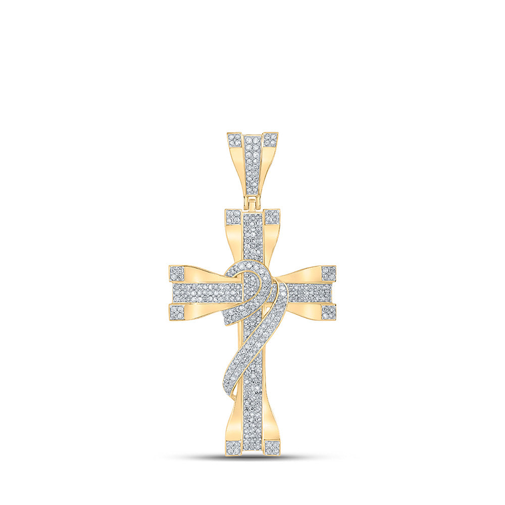 10kt Yellow Gold Mens Round Diamond Cross Charm Pendant 1 Cttw