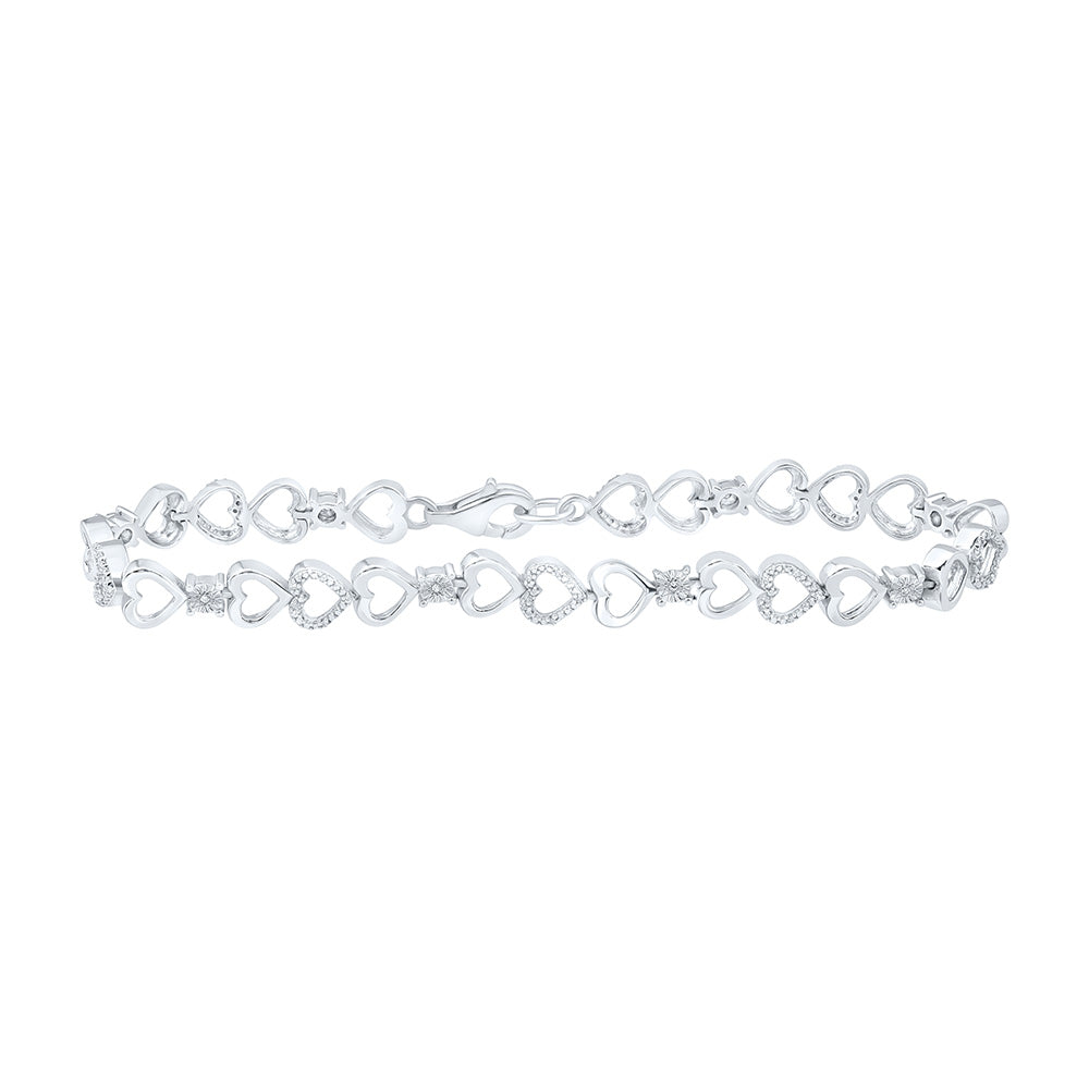 Sterling Silver Womens Round Diamond Heart Bracelet 1/8 Cttw