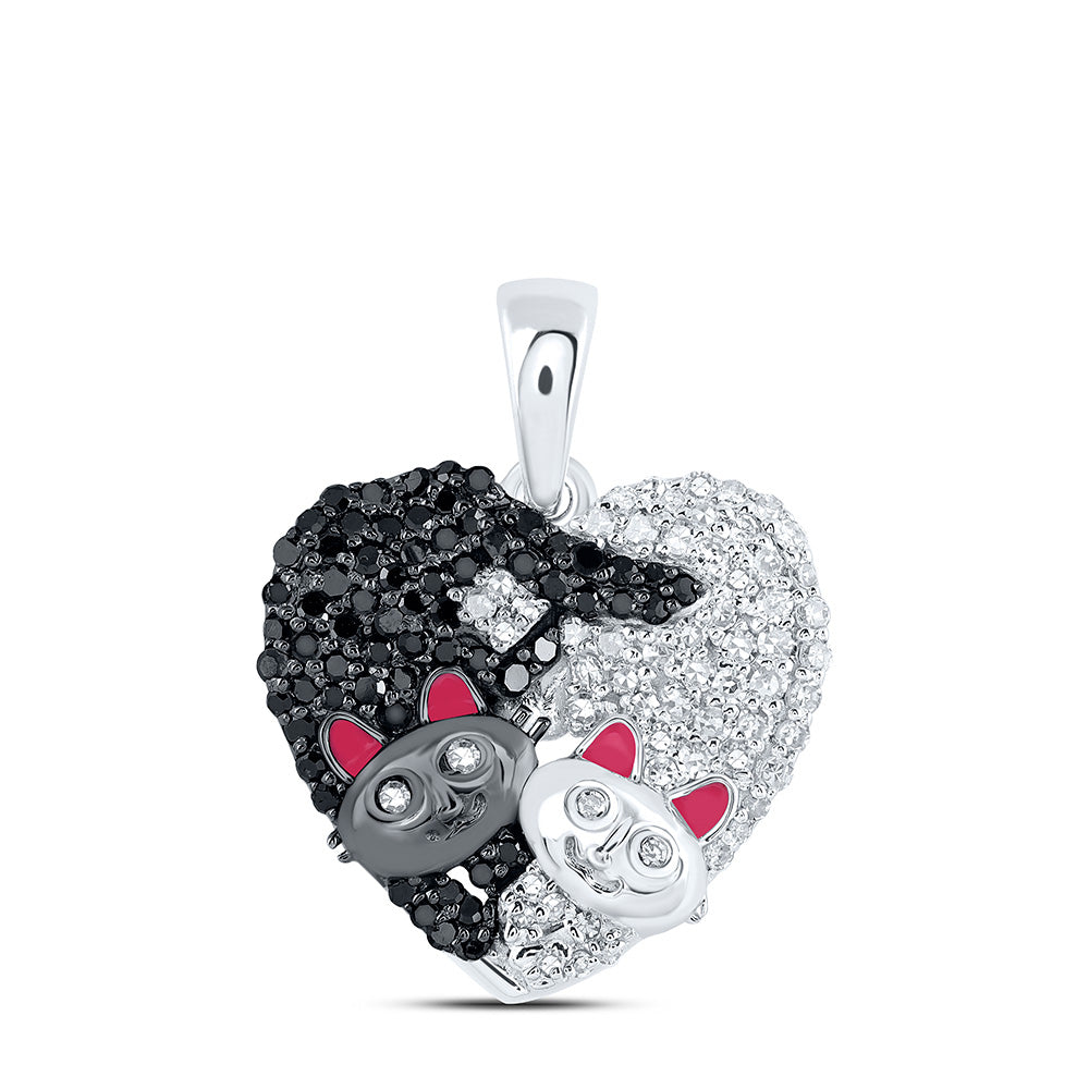 10kt White Gold Womens Round Black Color Enhanced Diamond Cat Heart Pendant 1/2 Cttw