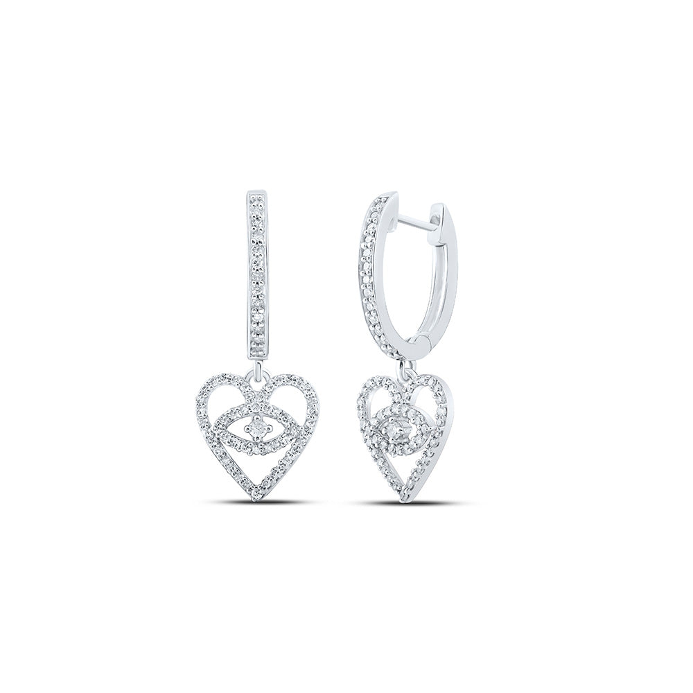 10kt White Gold Womens Round Diamond Heart Hoop Dangle Earrings 3/8 Cttw