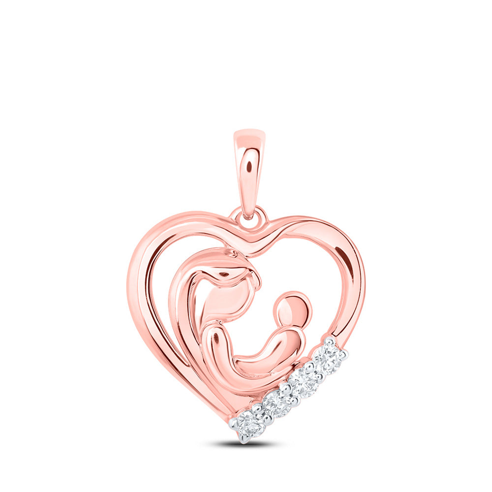 10kt Rose Gold Womens Round Diamond Mother Child Heart Pendant 1/5 Cttw