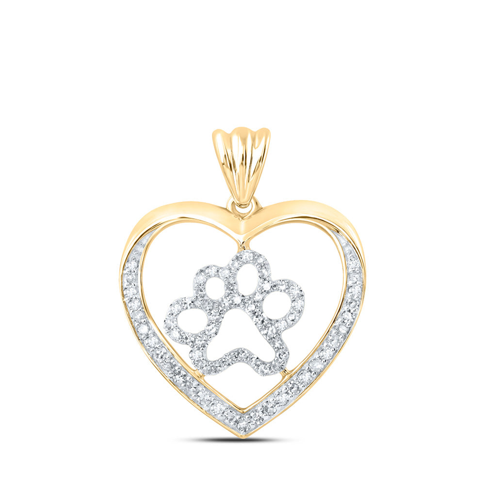 10kt Yellow Gold Womens Round Diamond Paw Heart Pendant 1/3 Cttw