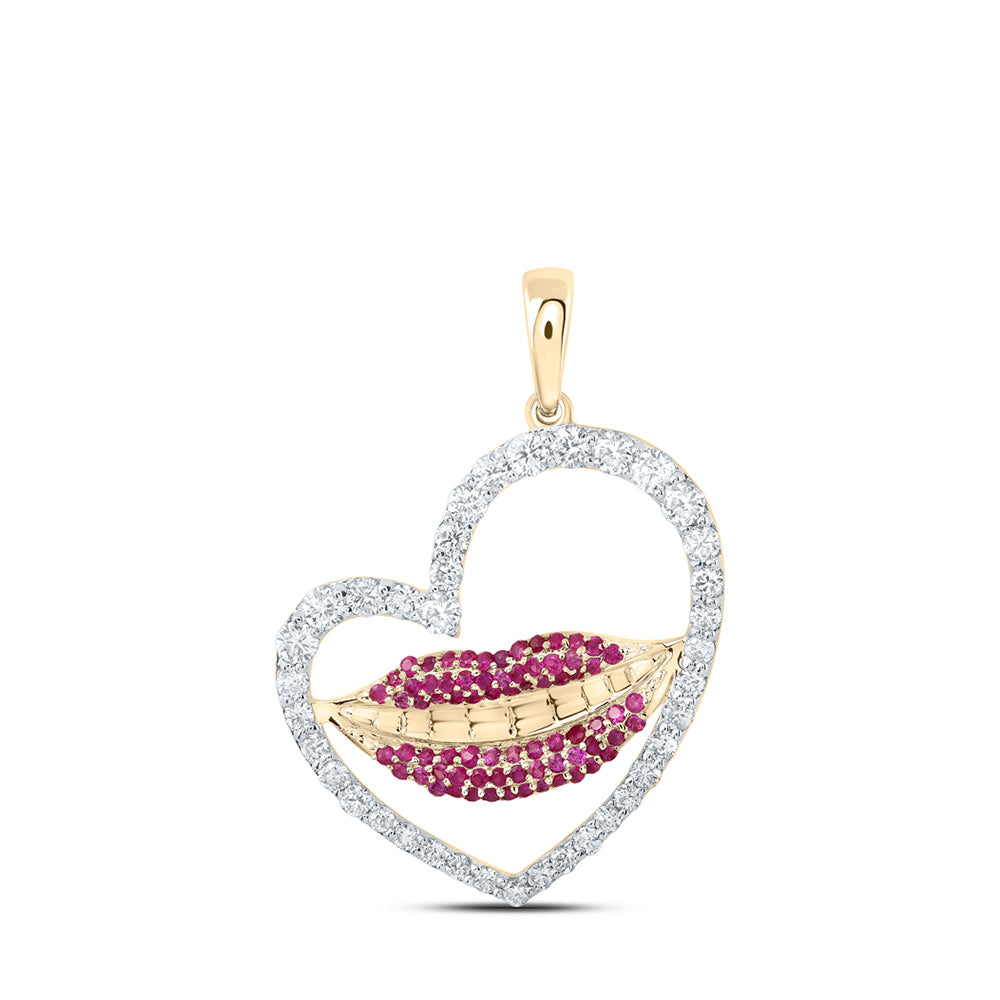 10kt Yellow Gold Womens Round Ruby Diamond Lips Heart Pendant 1 Cttw