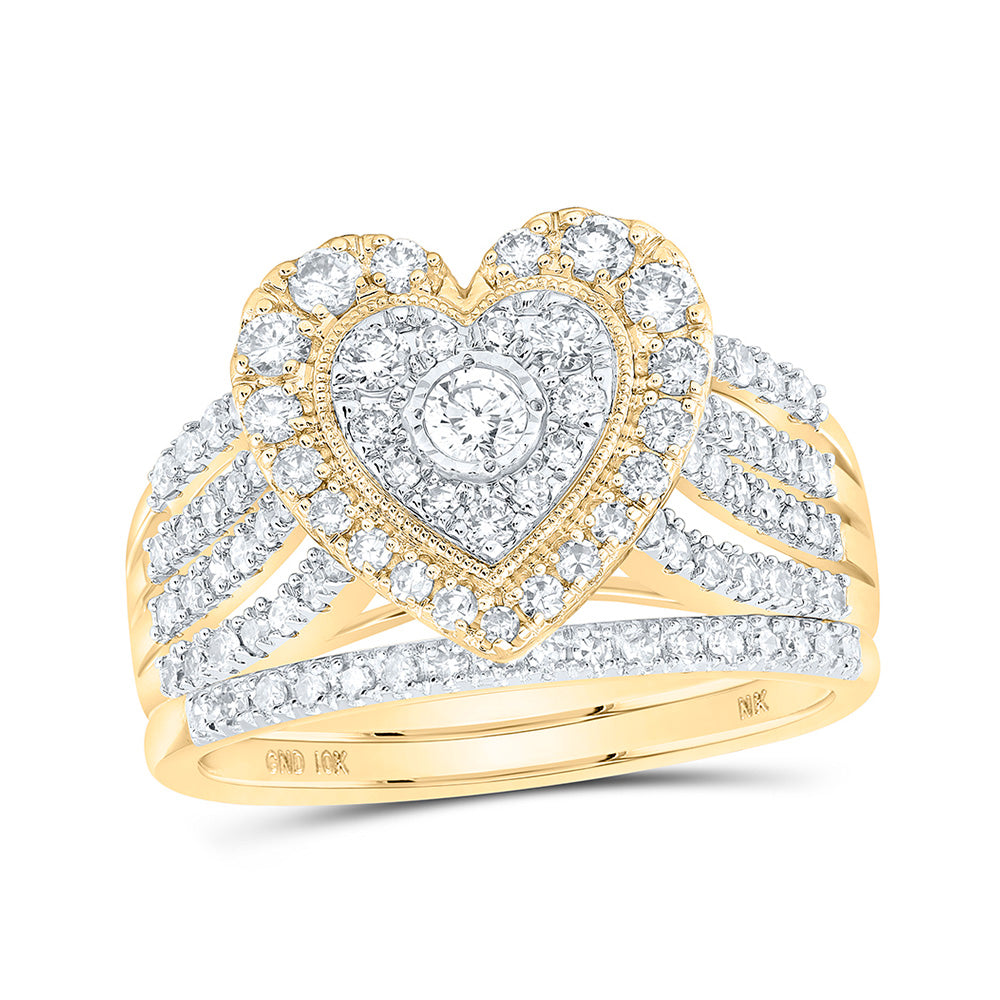 10kt Yellow Gold Round Diamond Heart Bridal Wedding Ring Band Set 1 Cttw