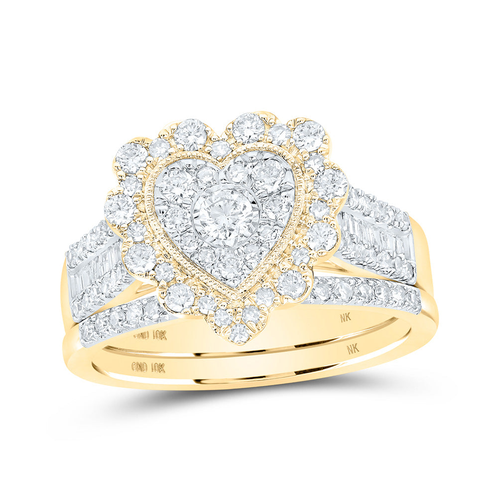 10kt Yellow Gold Round Diamond Heart Bridal Wedding Ring Band Set 7/8 Cttw