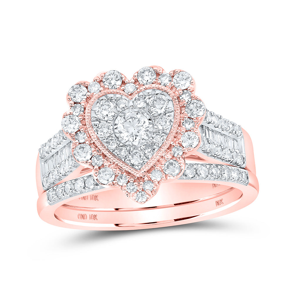 10kt Rose Gold Round Diamond Heart Bridal Wedding Ring Band Set 7/8 Cttw