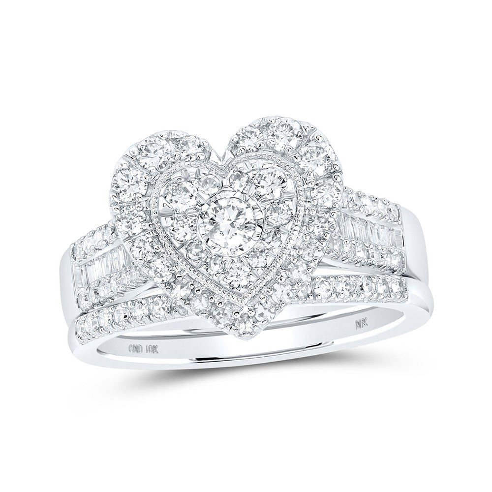 10kt White Gold Round Diamond Heart Bridal Wedding Ring Band Set 7/8 Cttw