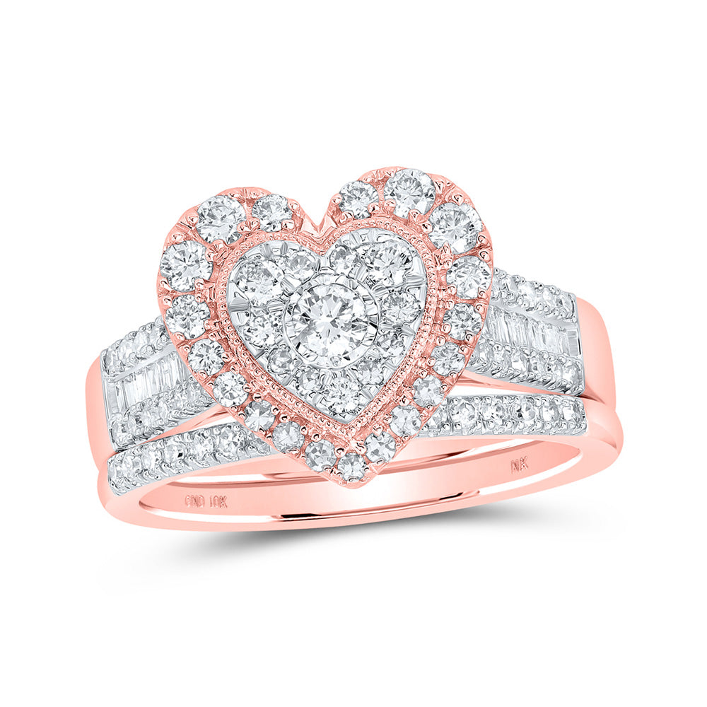 10kt Rose Gold Round Diamond Heart Bridal Wedding Ring Band Set 7/8 Cttw