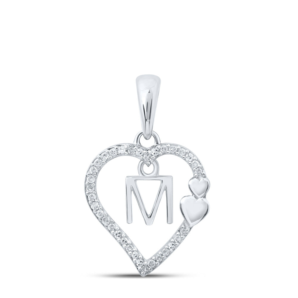 10kt White Gold Womens Round Diamond M Heart Letter Pendant 1/10 Cttw