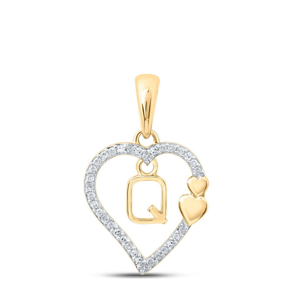 10kt Yellow Gold Womens Round Diamond Q Heart Letter Pendant 1/10 Cttw